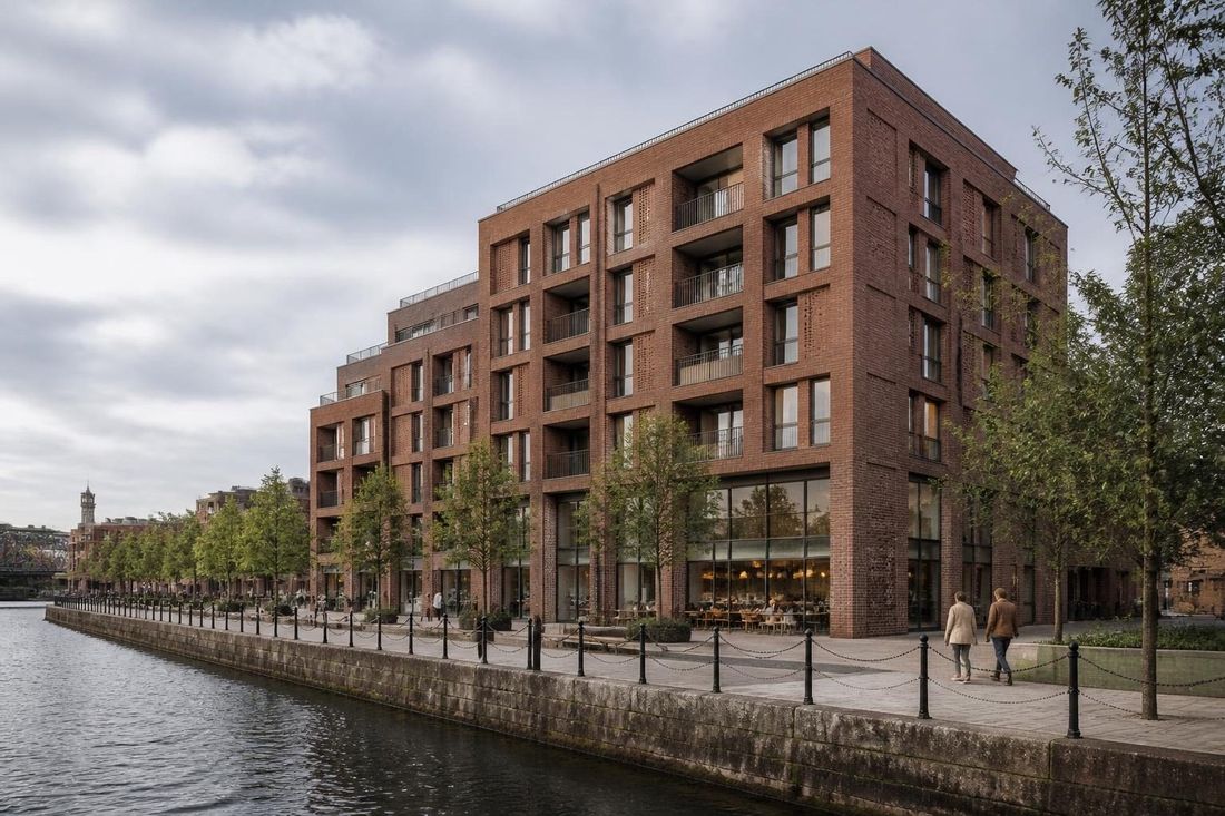 CGI of a riverside apartment building